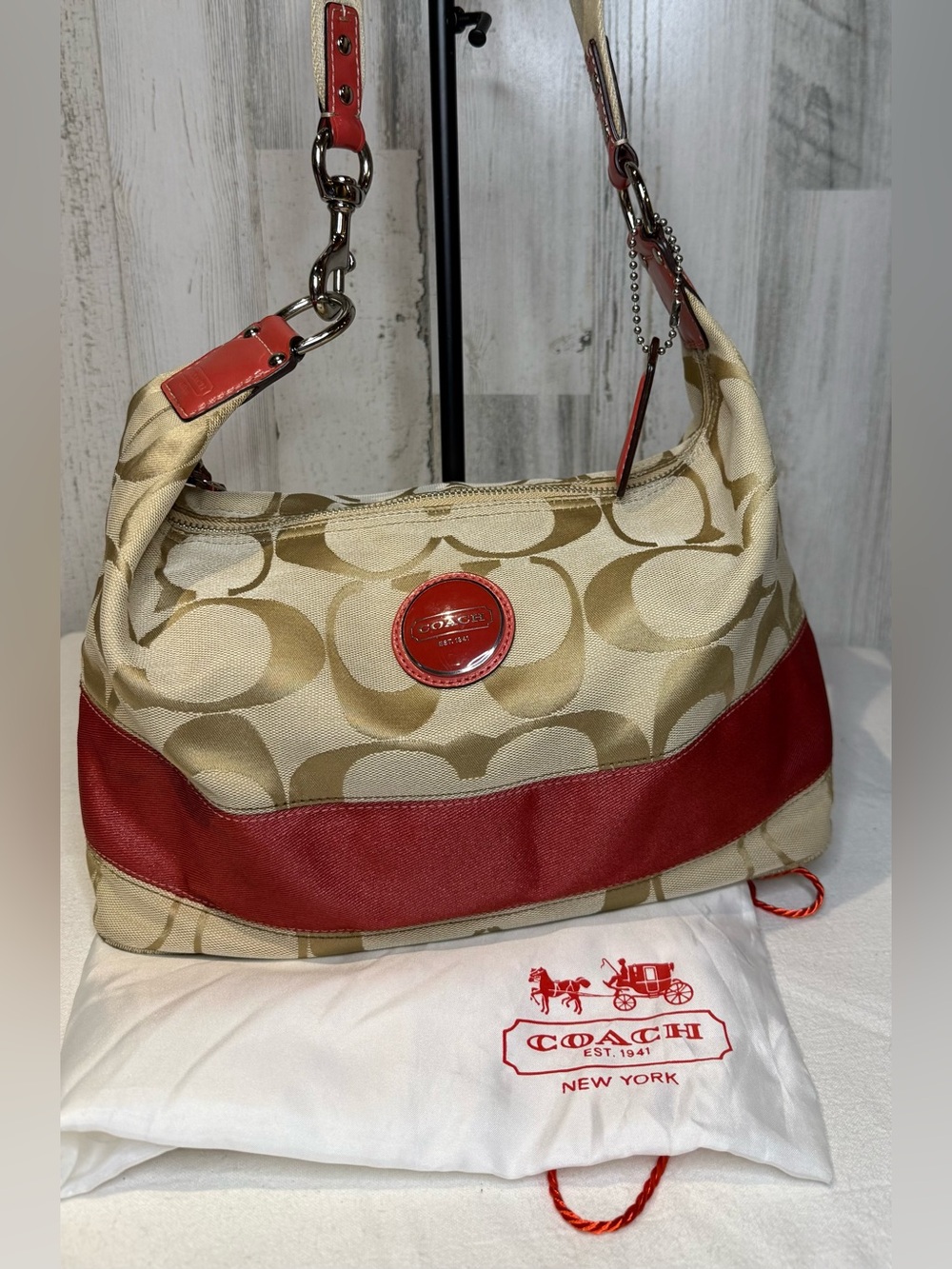 Coach Signature Hobo Shoulder Bag with Red Leather Trim 2010 15197 EUC